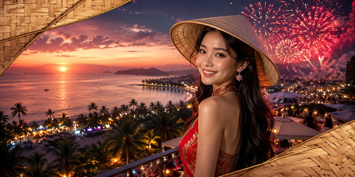 Người phụ nữ Phú Quốc đội nón lá tham gia xổ số trực tuyến trong không gian ngoài trời